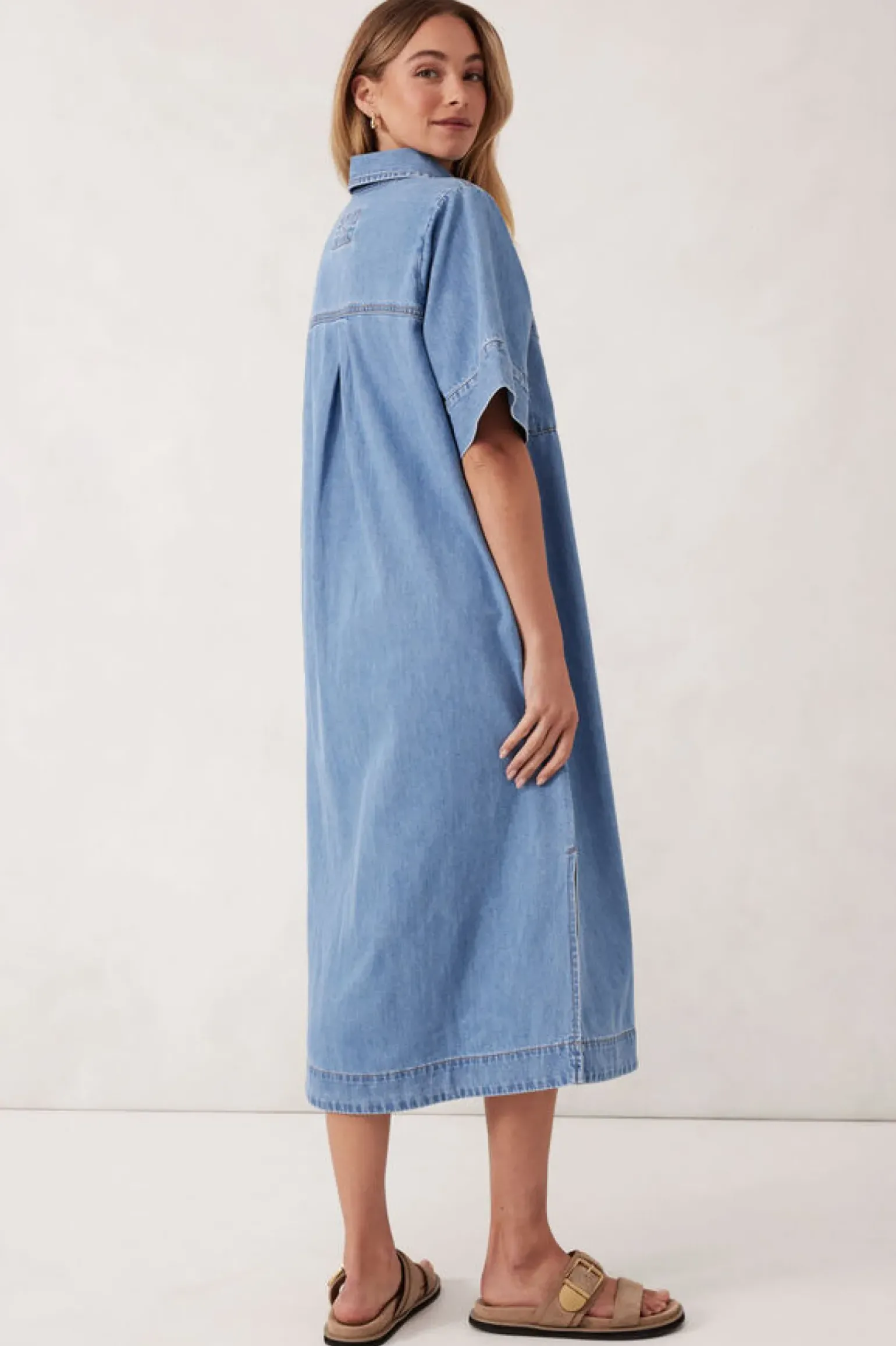 Ceres Life Short Sleeve Yoke Detail Midi Dress - Vintage Blue