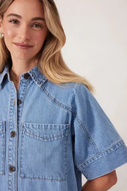 Ceres Life Short Sleeve Yoke Detail Midi Dress - Vintage Blue