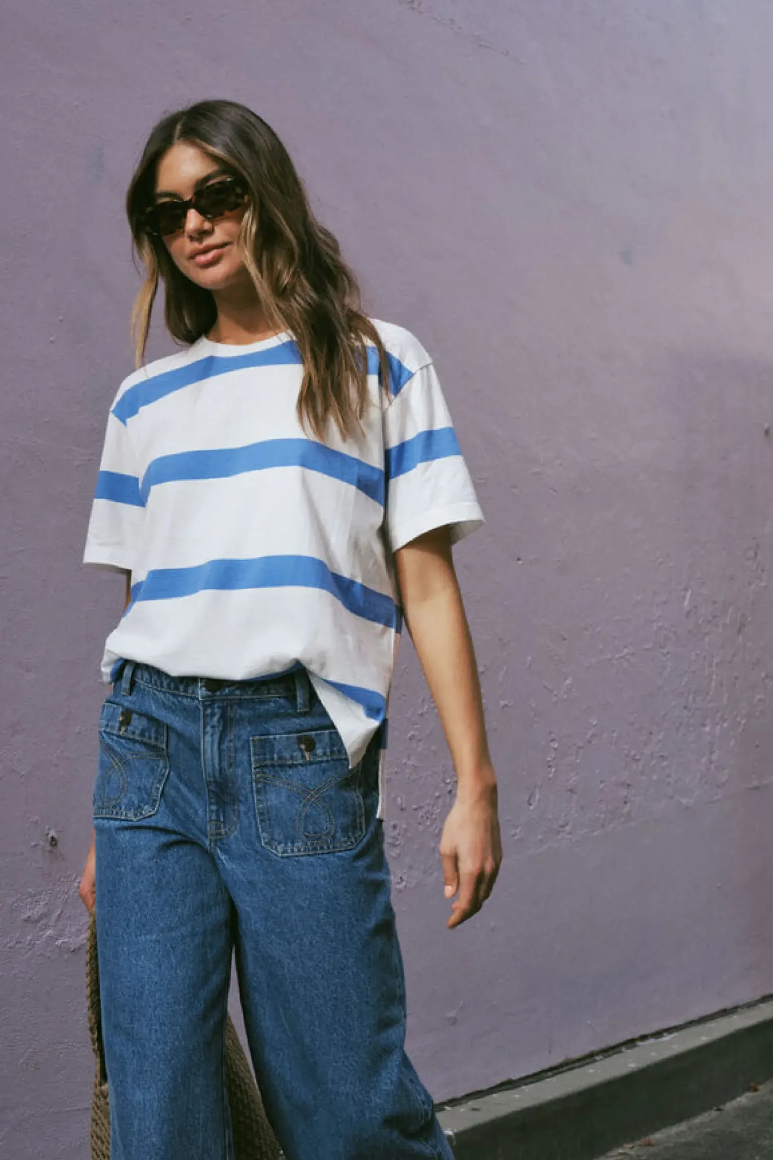 Ceres Life Slouchy Split Hem Tee - Vanilla/Pool Blue