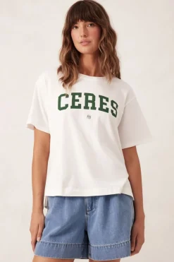 Ceres Life Slouchy Split Hem Tee - Vanilla/Pine Green Varsity
