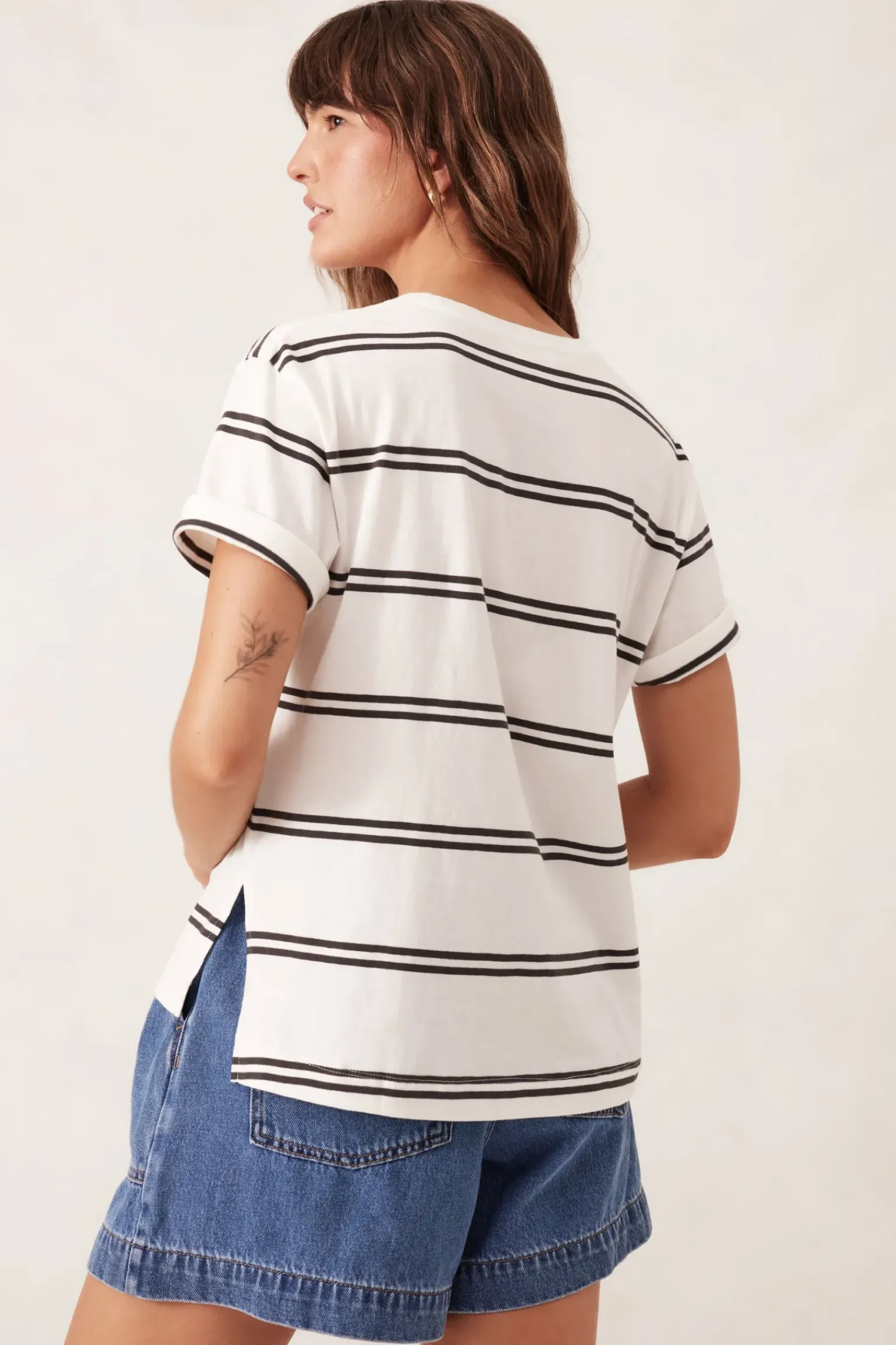 Ceres Life Slouchy Split Hem Tee - Vanilla/Phantom Double Stripe
