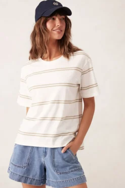 Ceres Life Slouchy Split Hem Tee - Vanilla/Matcha Double Stripe