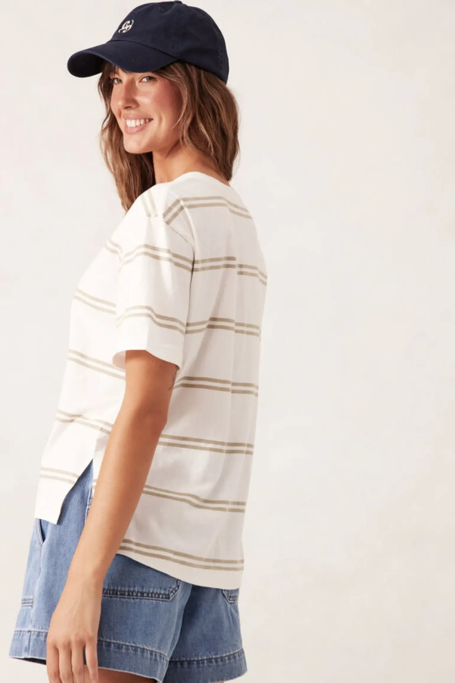 Ceres Life Slouchy Split Hem Tee - Vanilla/Matcha Double Stripe