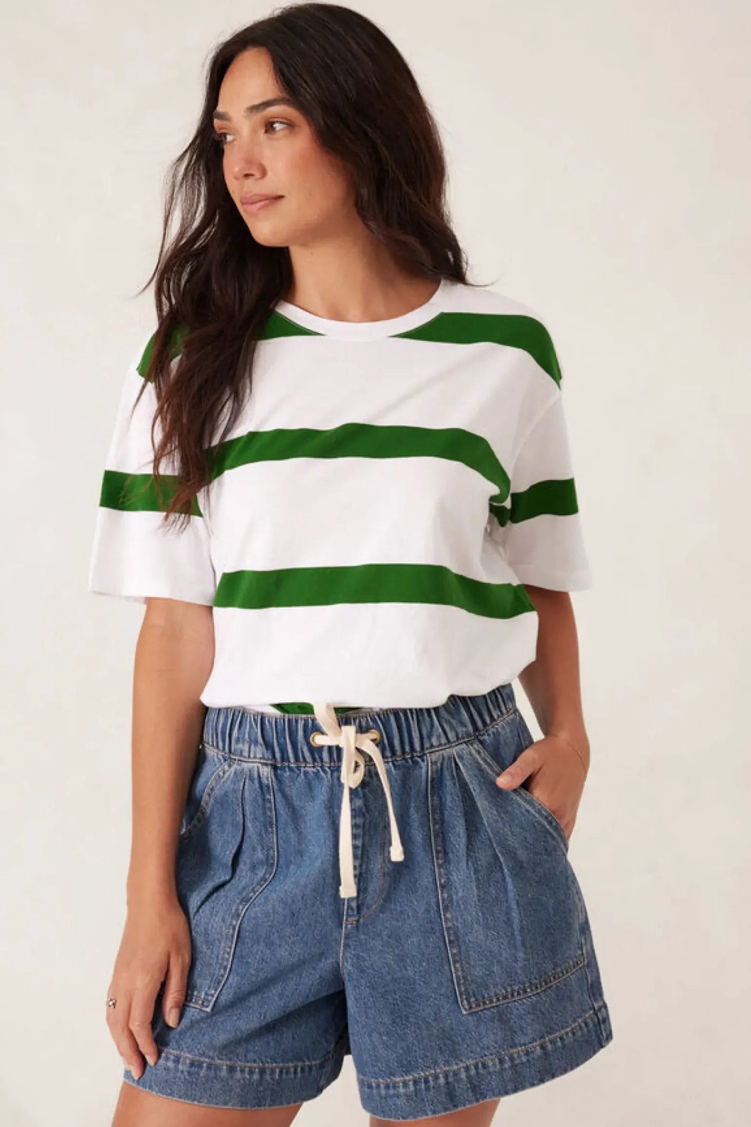 Ceres Life Slouchy Split Hem Tee - Winter Green Bold Stripe