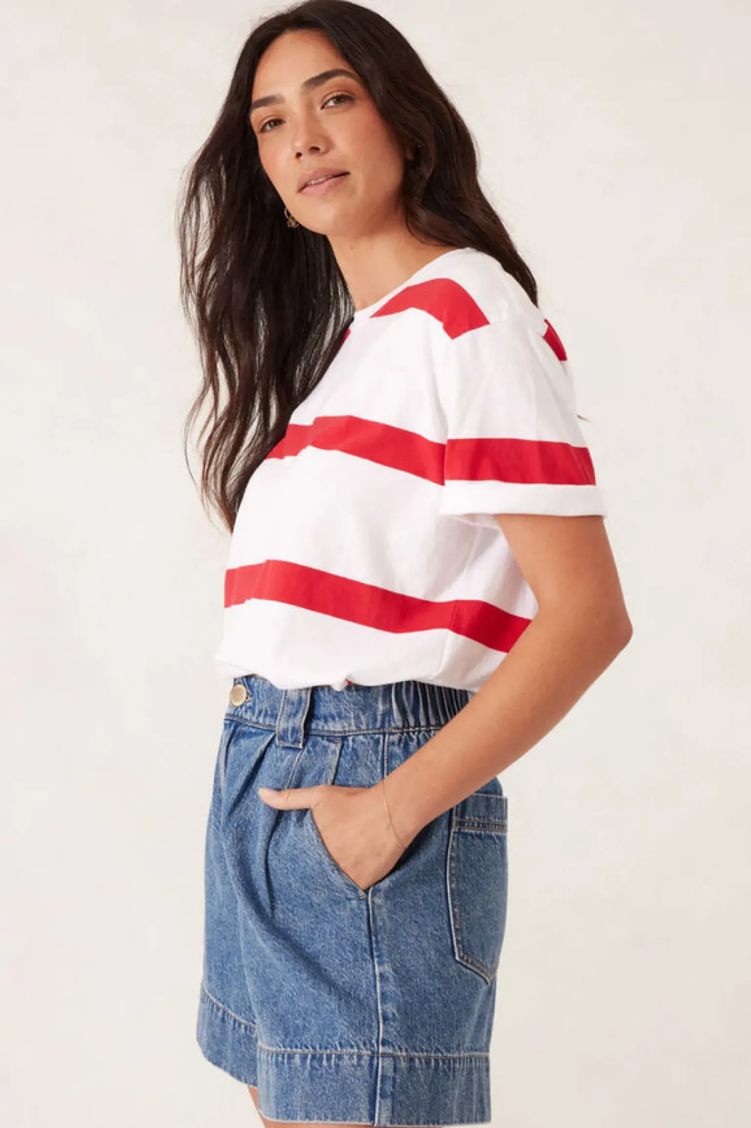 Ceres Life Slouchy Split Hem Tee - White/Heritage Red Bold Stripe