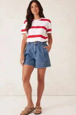 Ceres Life Slouchy Split Hem Tee - White/Heritage Red Bold Stripe