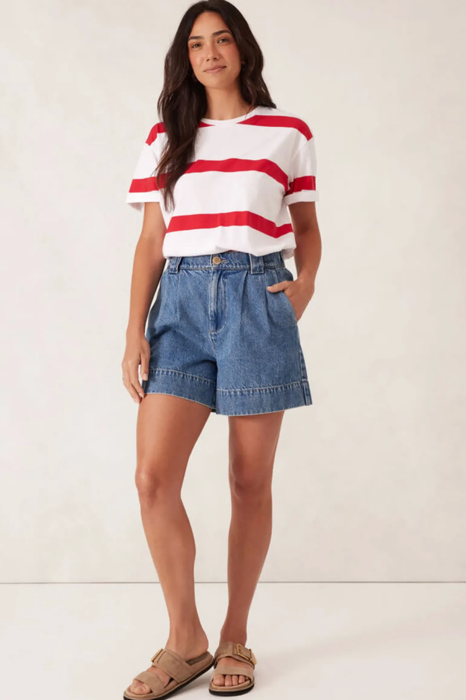 Ceres Life Slouchy Split Hem Tee - White/Heritage Red Bold Stripe