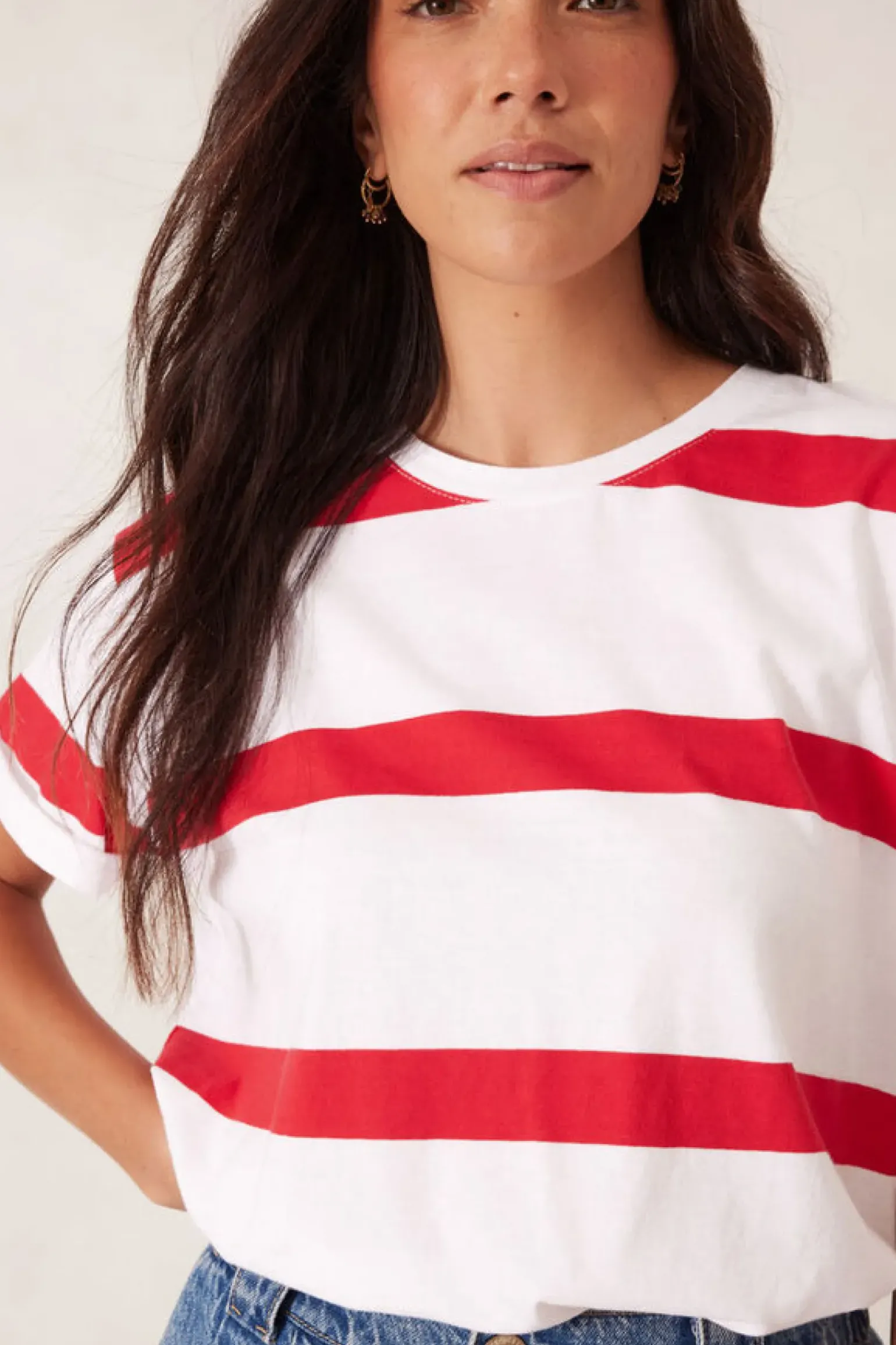 Ceres Life Slouchy Split Hem Tee - White/Heritage Red Bold Stripe