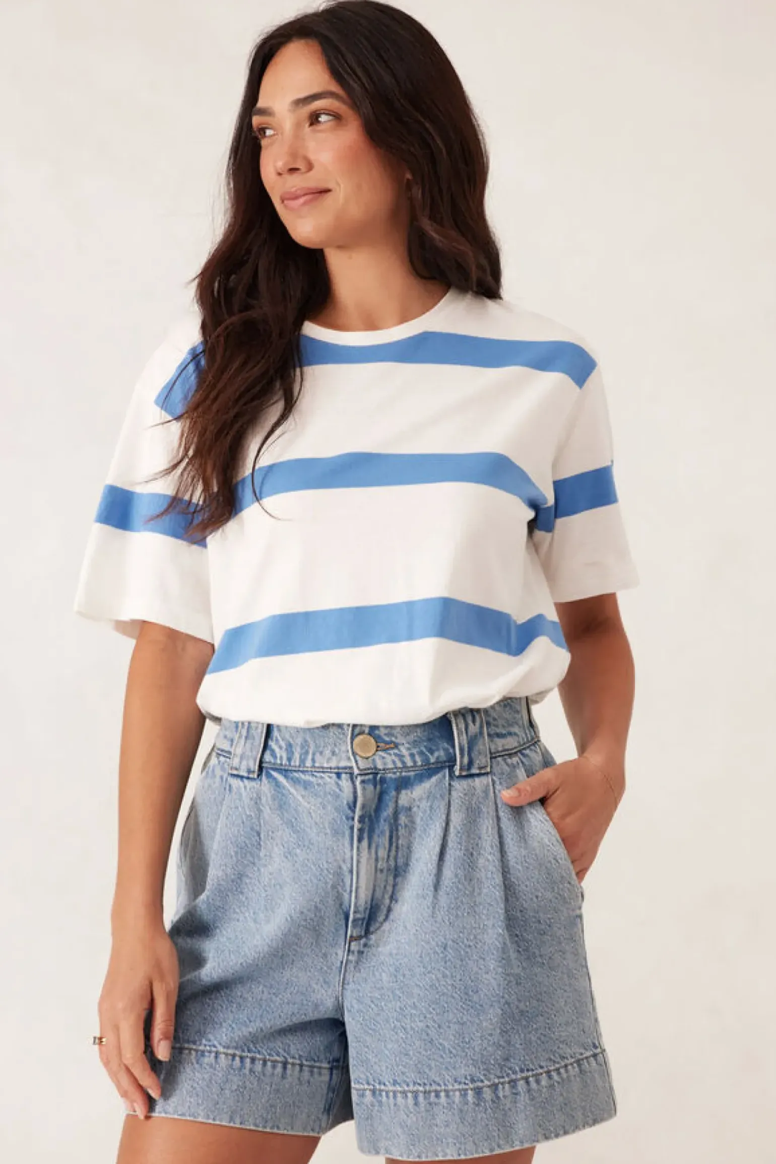 Ceres Life Slouchy Split Hem Tee - Vanilla/Pool Blue Bold Stripe