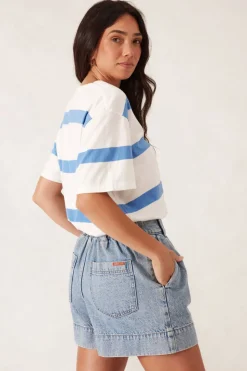 Ceres Life Slouchy Split Hem Tee - Vanilla/Pool Blue Bold Stripe