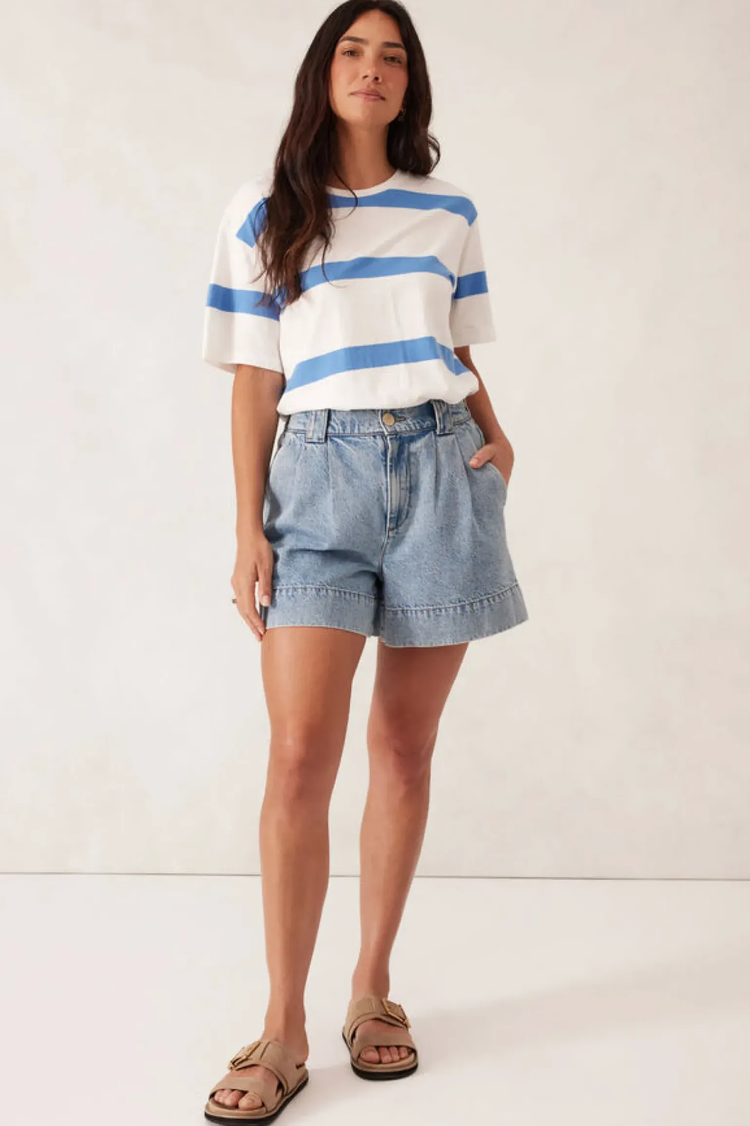 Ceres Life Slouchy Split Hem Tee - Vanilla/Pool Blue Bold Stripe