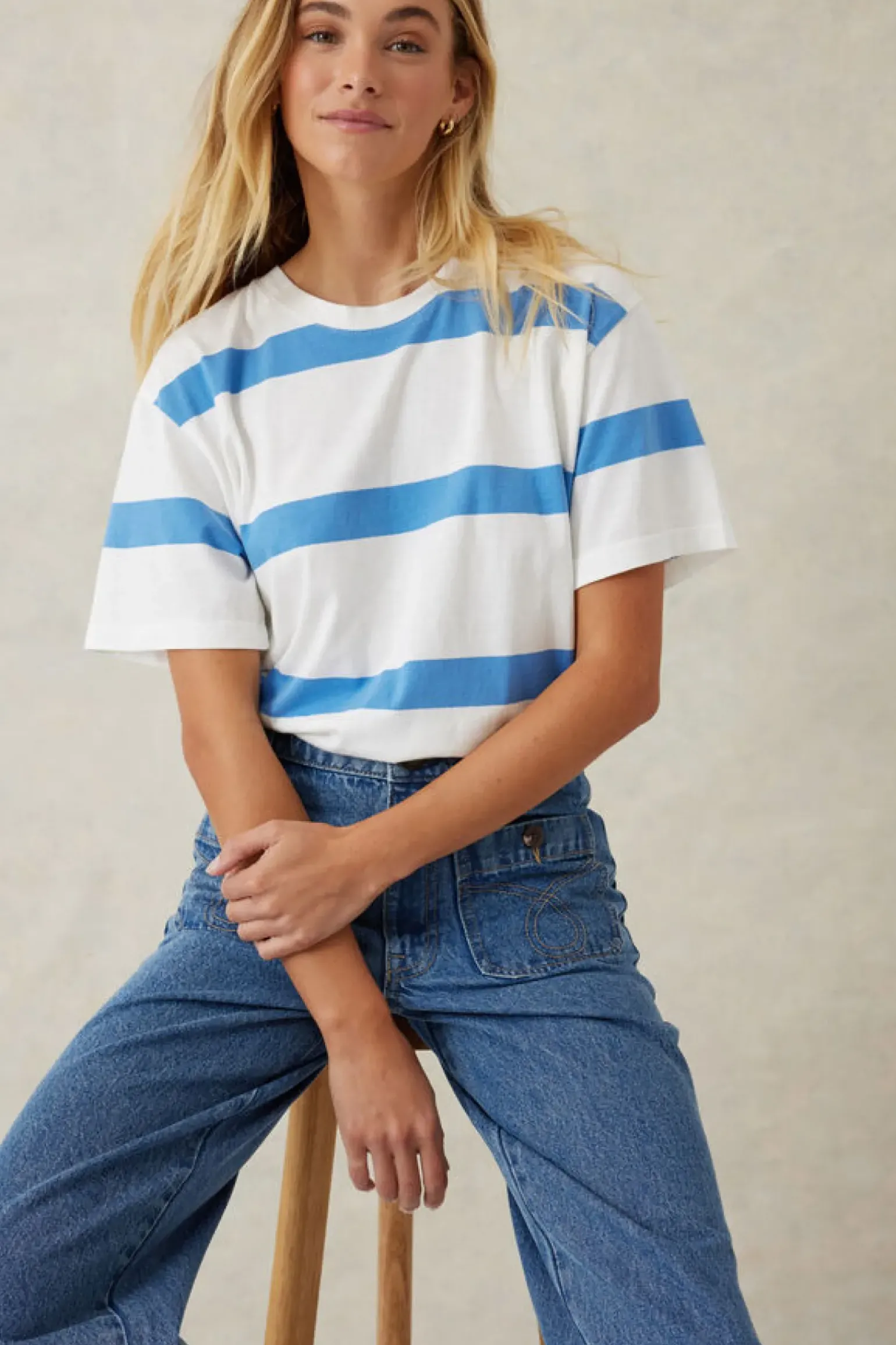 Ceres Life Slouchy Split Hem Tee - Vanilla/Pool Blue Bold Stripe