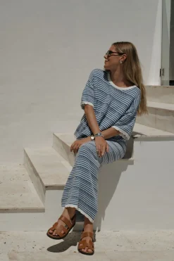 Ceres Life Textured Boxy Knit Tee - Summer Blue Stripe