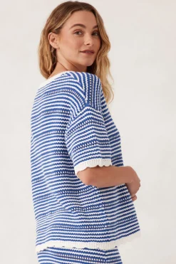 Ceres Life Textured Boxy Knit Tee - Summer Blue Stripe
