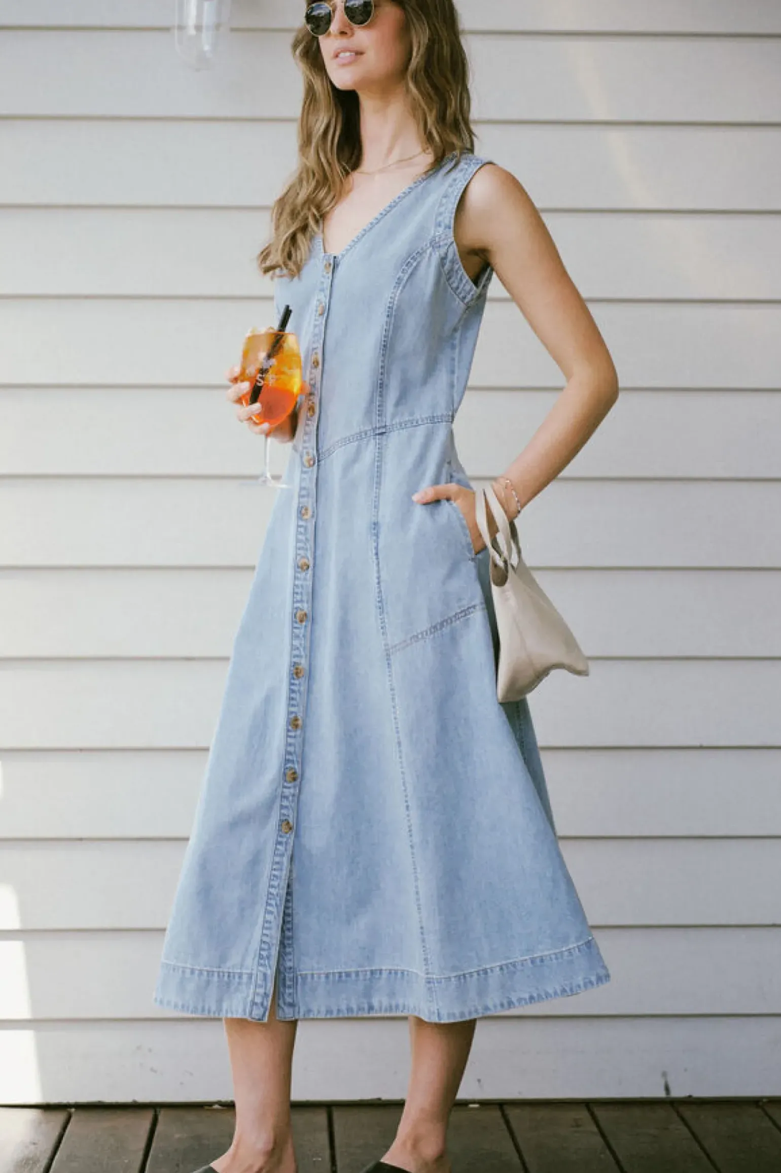 Ceres Life V Neck Flared Midi Dress - Worn Blue