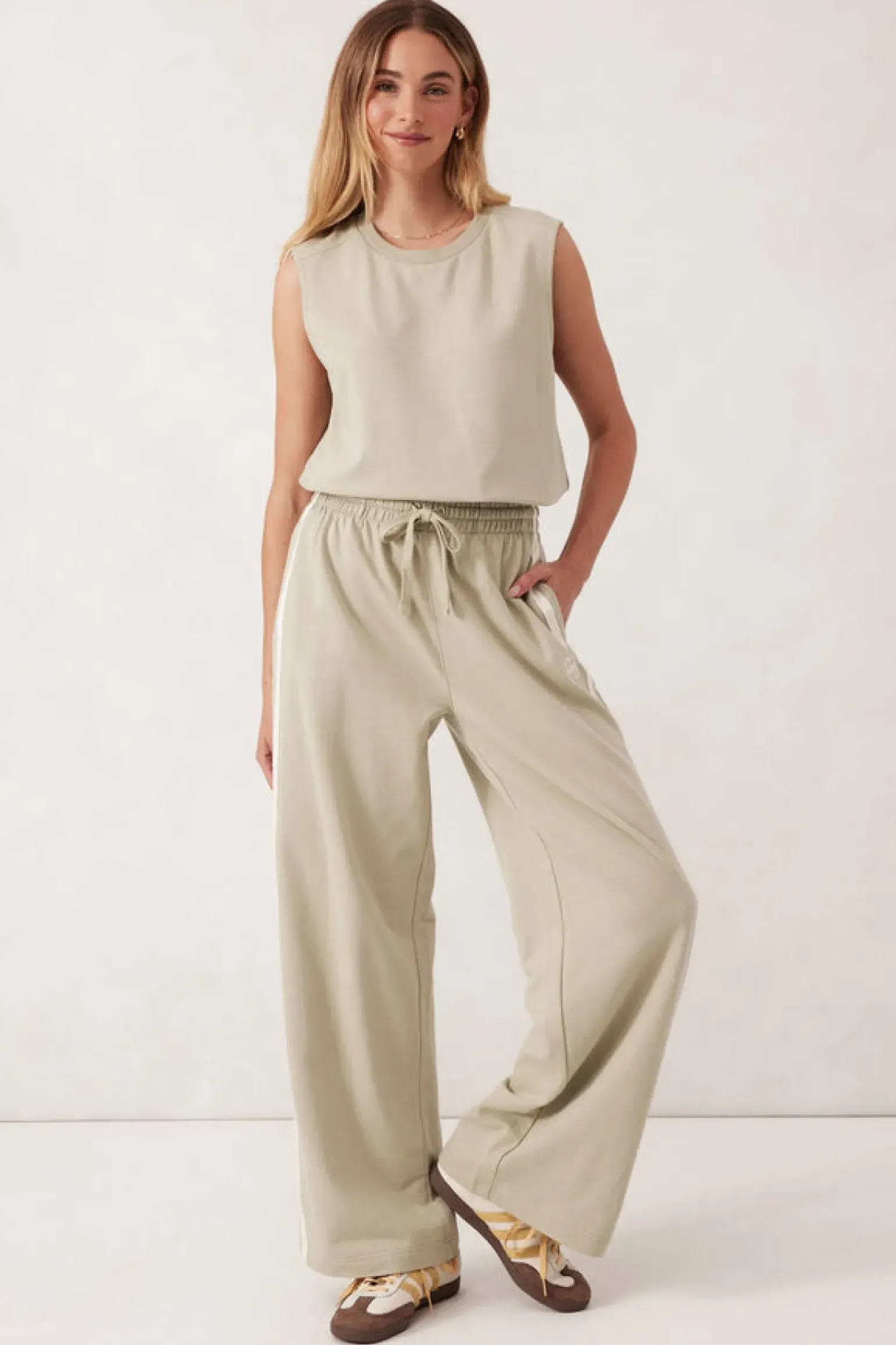 Ceres Life Wide Leg Terry Trackpant - Matcha Side Stripe