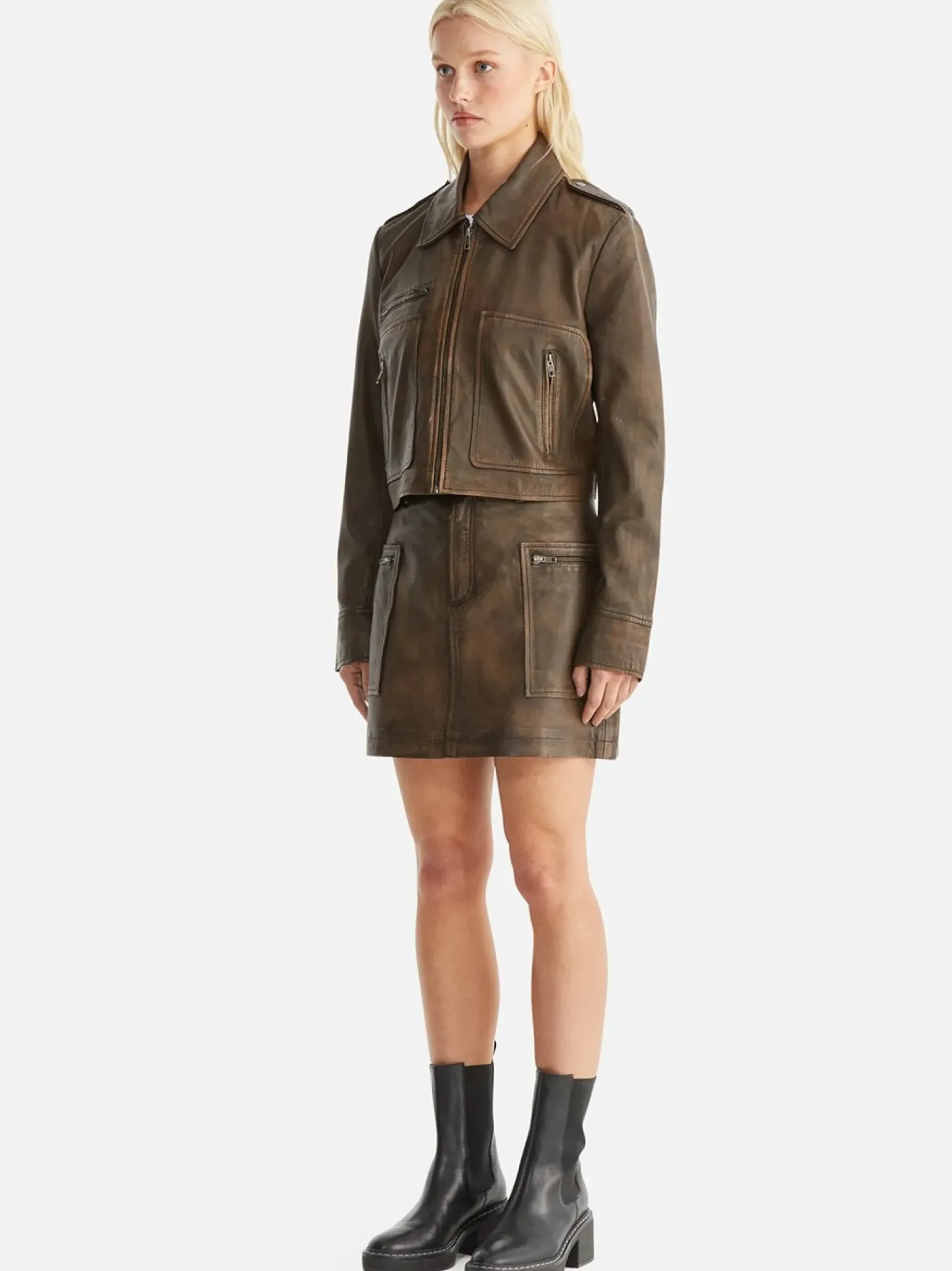 Ena Pelly Lennie Leather Biker Jacket - Worn Brown