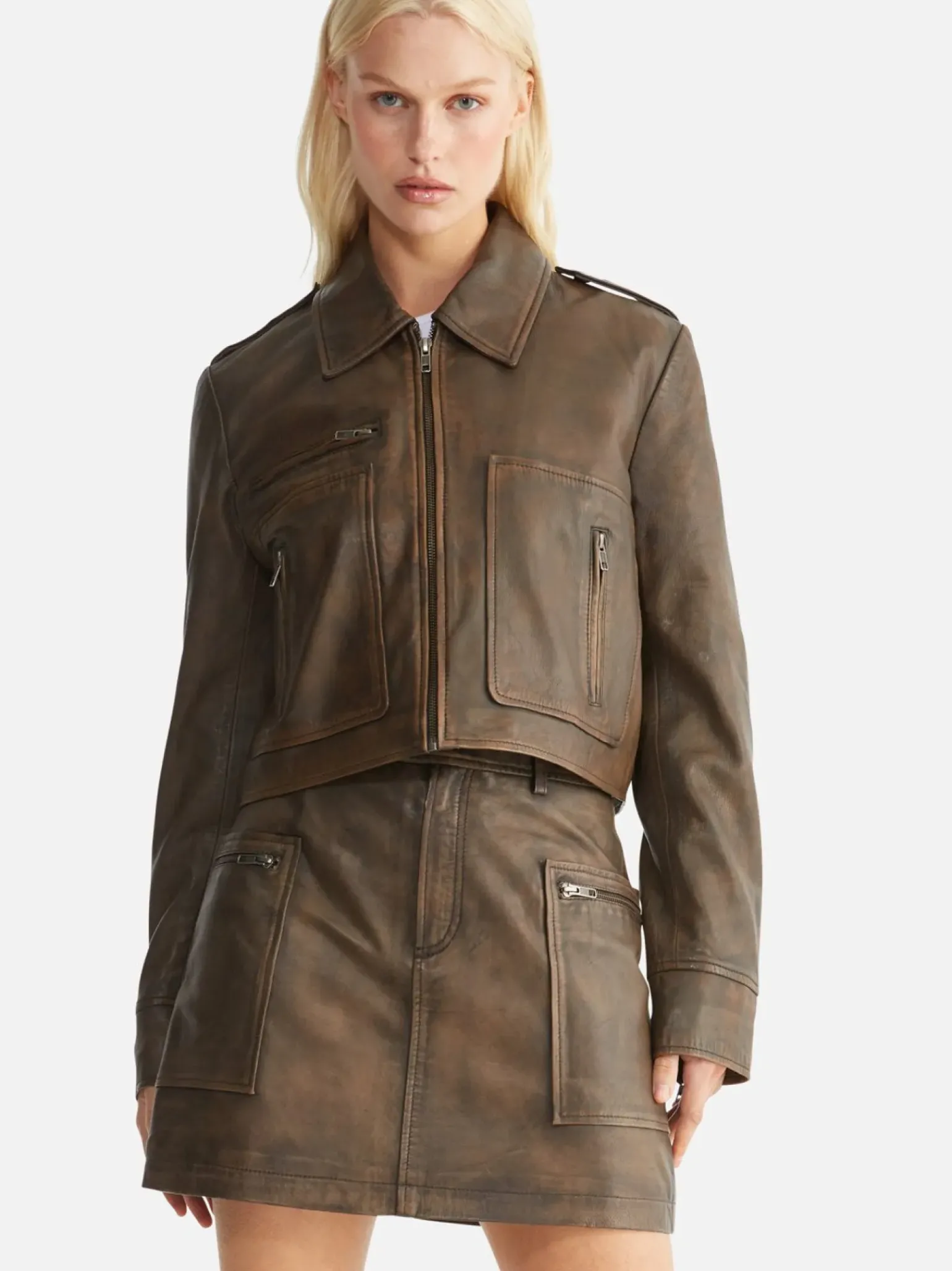 Ena Pelly Lennie Leather Biker Jacket - Worn Brown