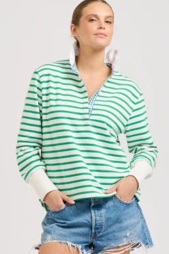 Est 1971 Rugby Frill Collar Cotton Sweatshirt - Green Stripe