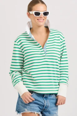 Est 1971 Rugby Frill Collar Cotton Sweatshirt - Green Stripe