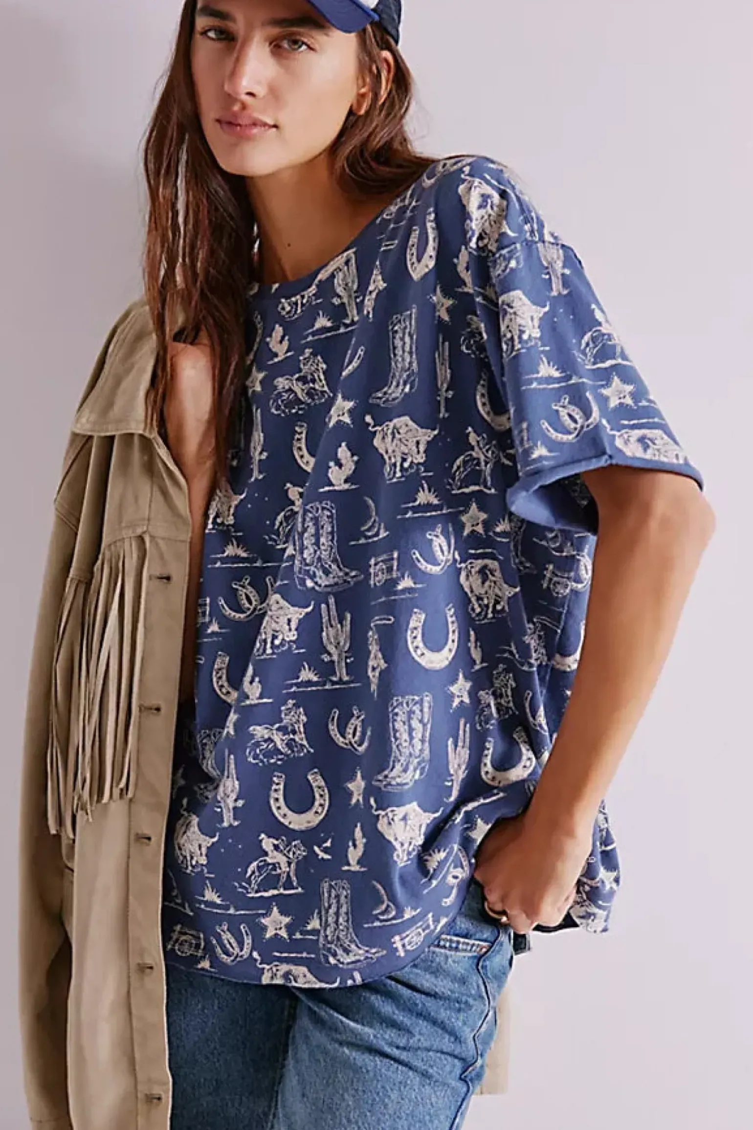 Free People Painted Floral Tee - Navy Combo