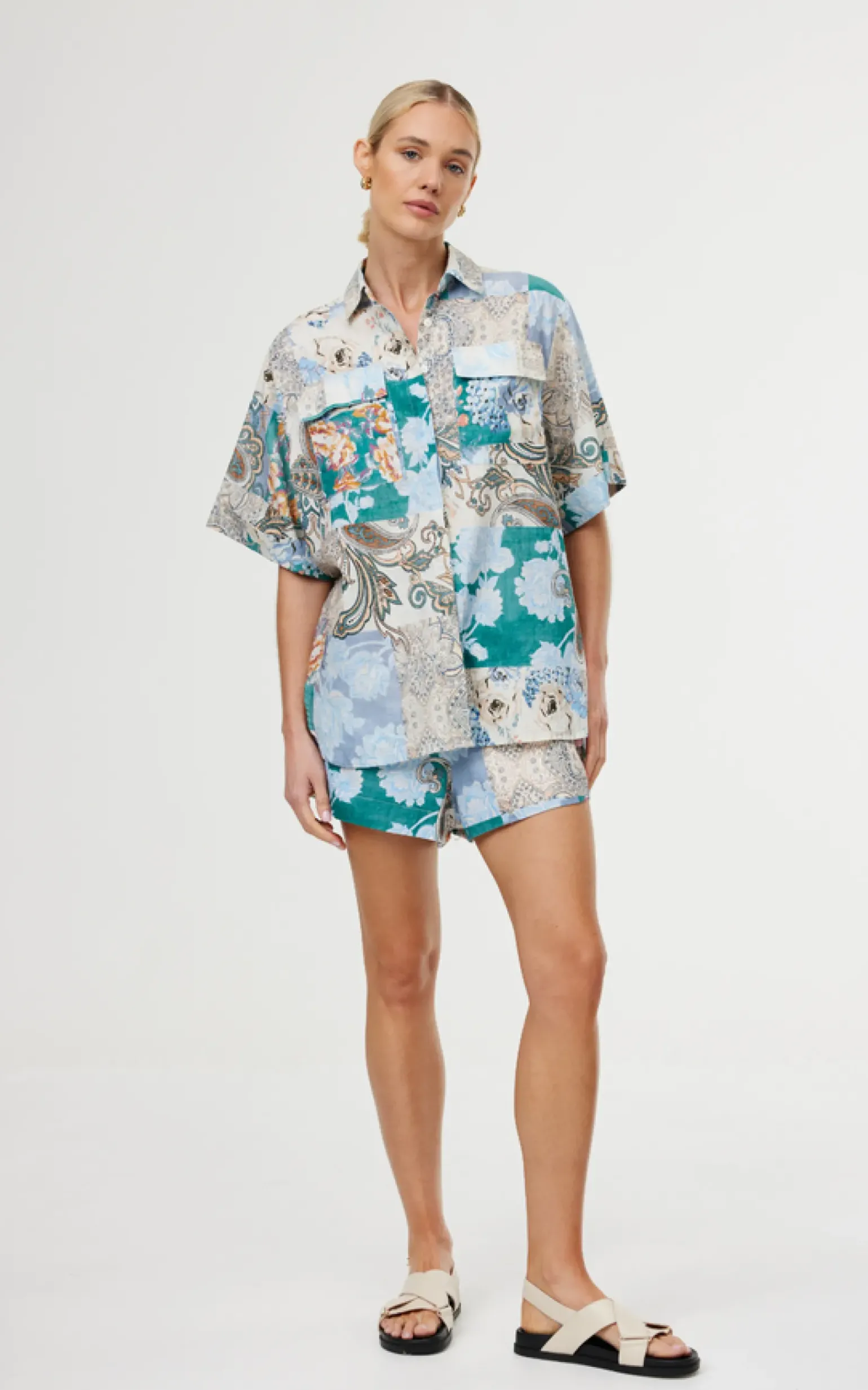 Kinney Juniper Shirt - Cyan Patchwork