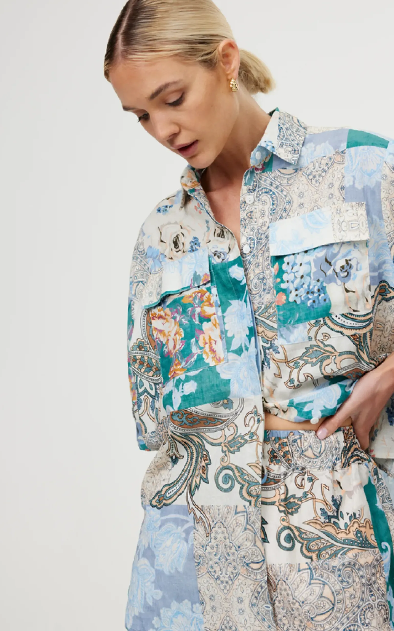 Kinney Juniper Shirt - Cyan Patchwork