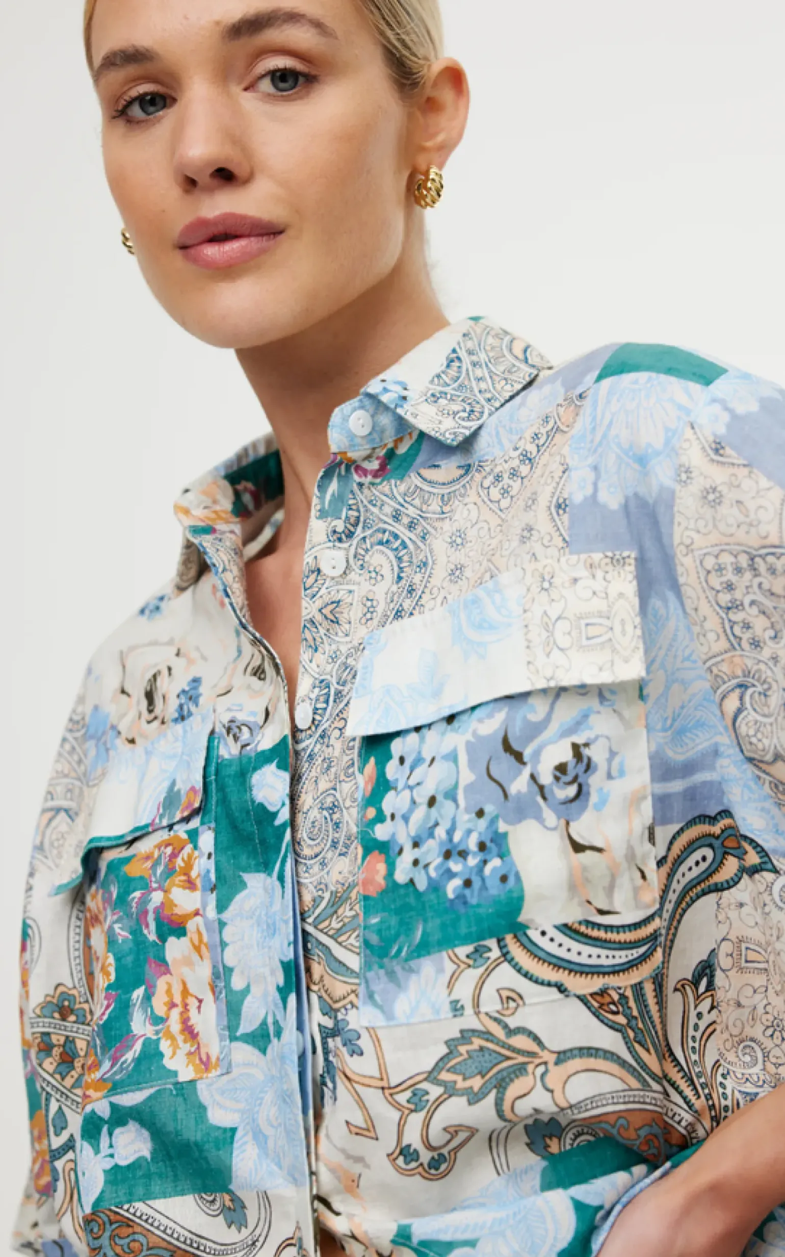 Kinney Juniper Shirt - Cyan Patchwork