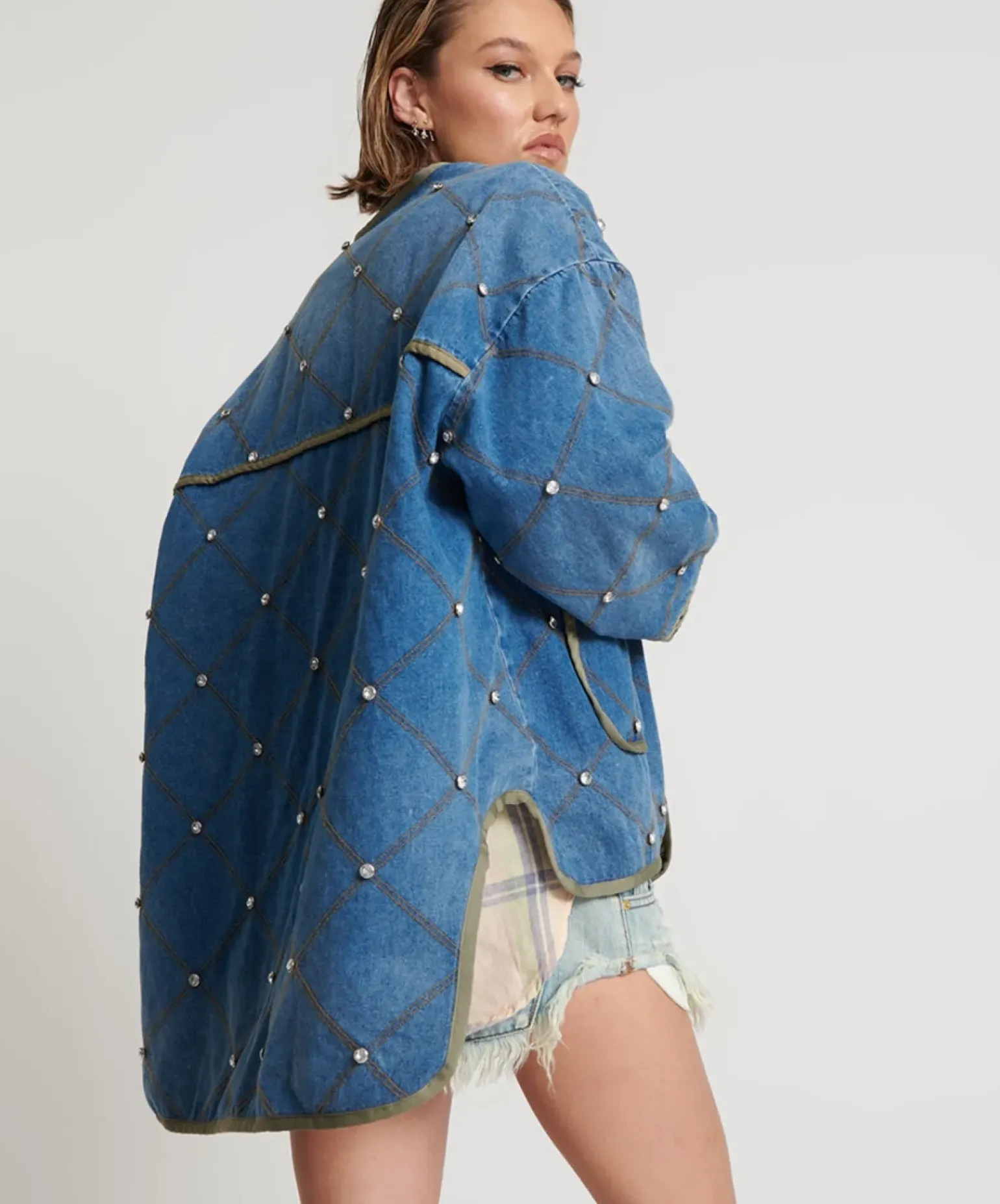 One Teaspoon Bay Blue Quilted Crystal Studded Jacket