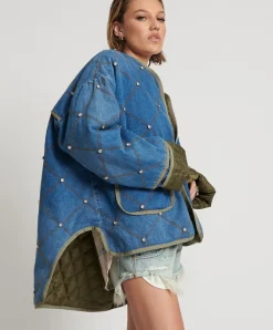 One Teaspoon Bay Blue Quilted Crystal Studded Jacket