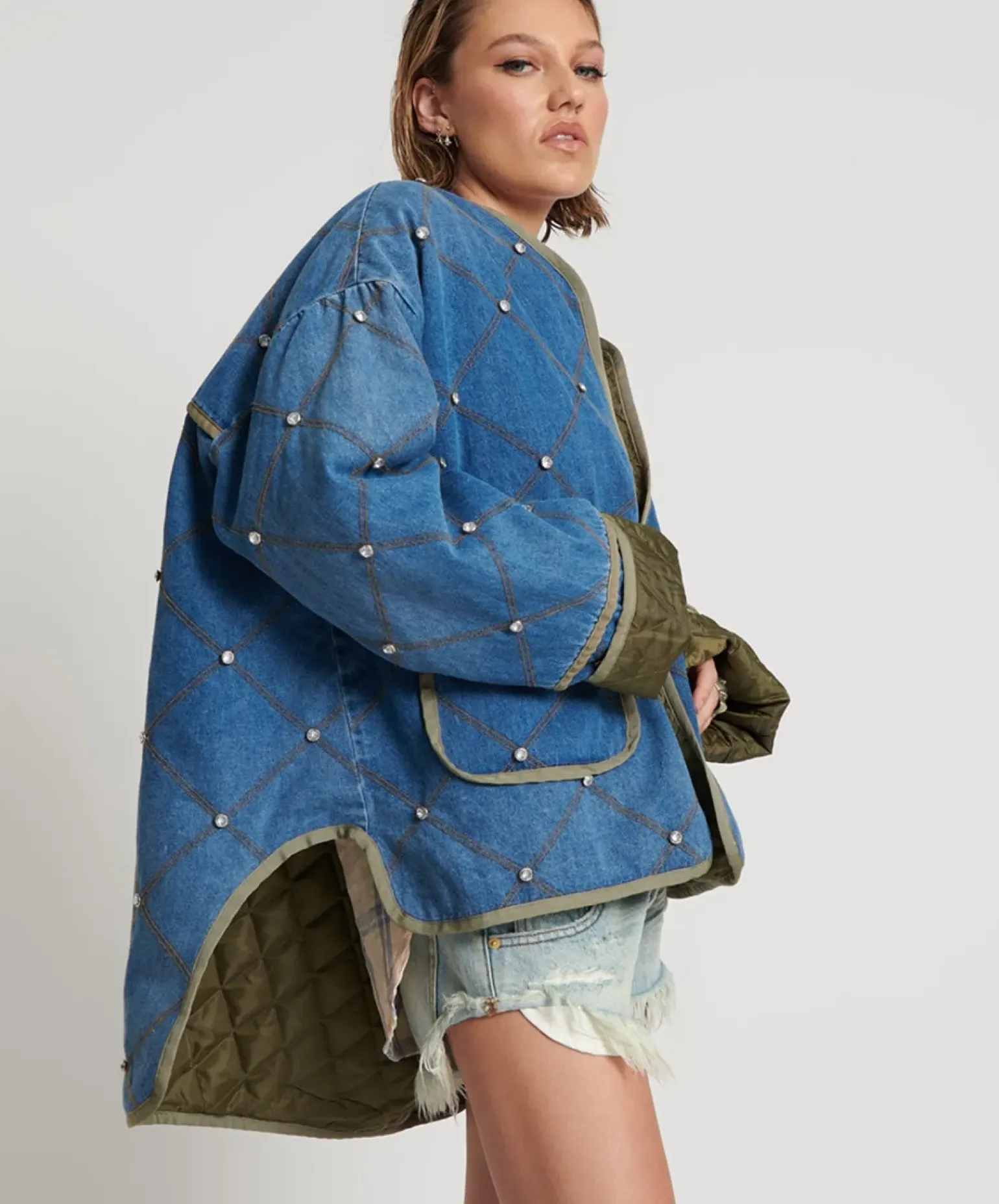 One Teaspoon Bay Blue Quilted Crystal Studded Jacket