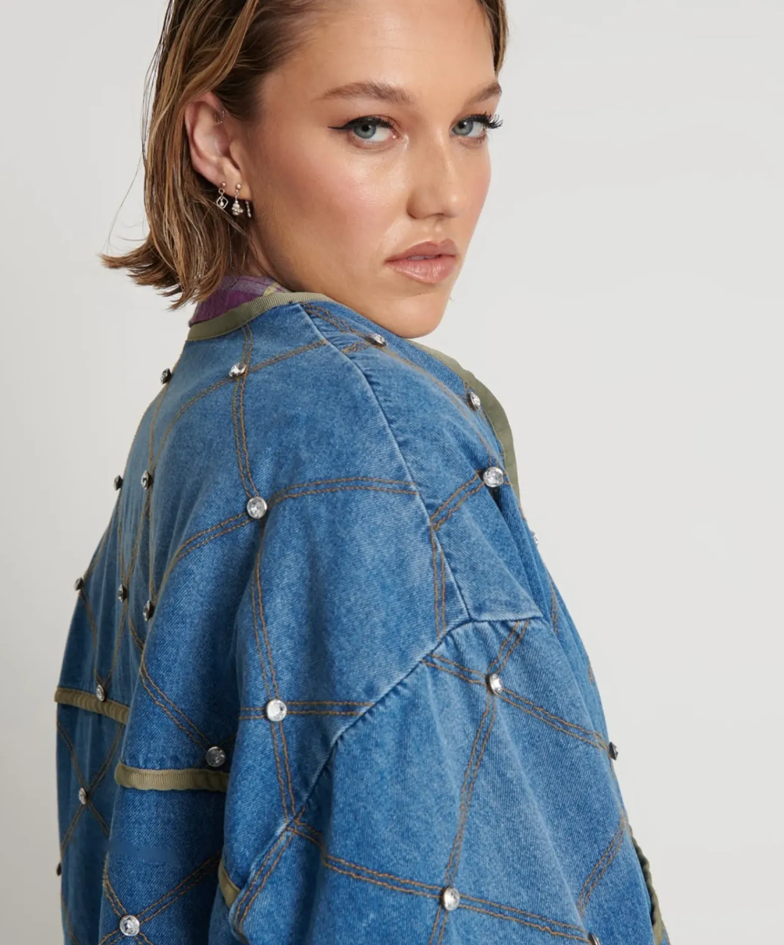 One Teaspoon Bay Blue Quilted Crystal Studded Jacket
