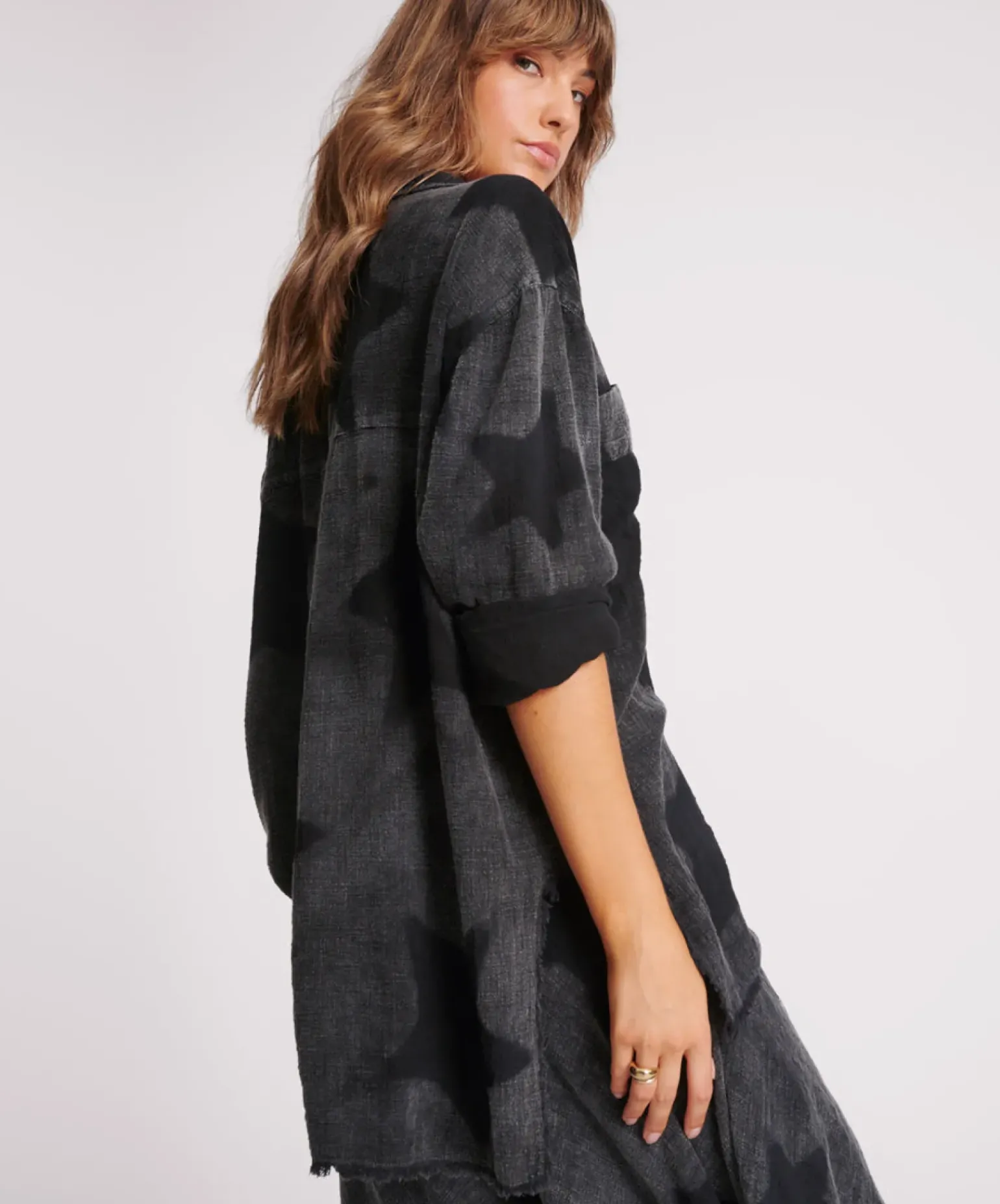One Teaspoon Black Star Muslin Longline Shirt - Charcoal