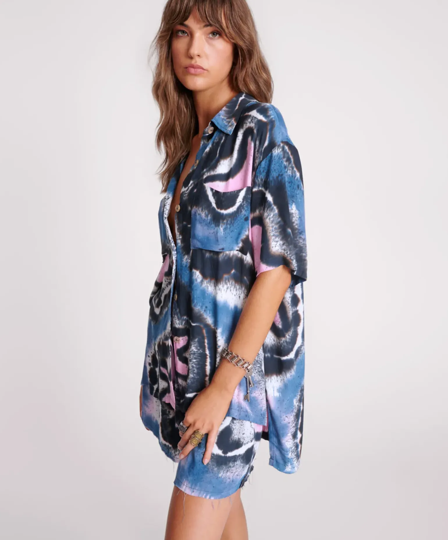 One Teaspoon Hand Painted Floral Short Sleeve Shirt - Multi