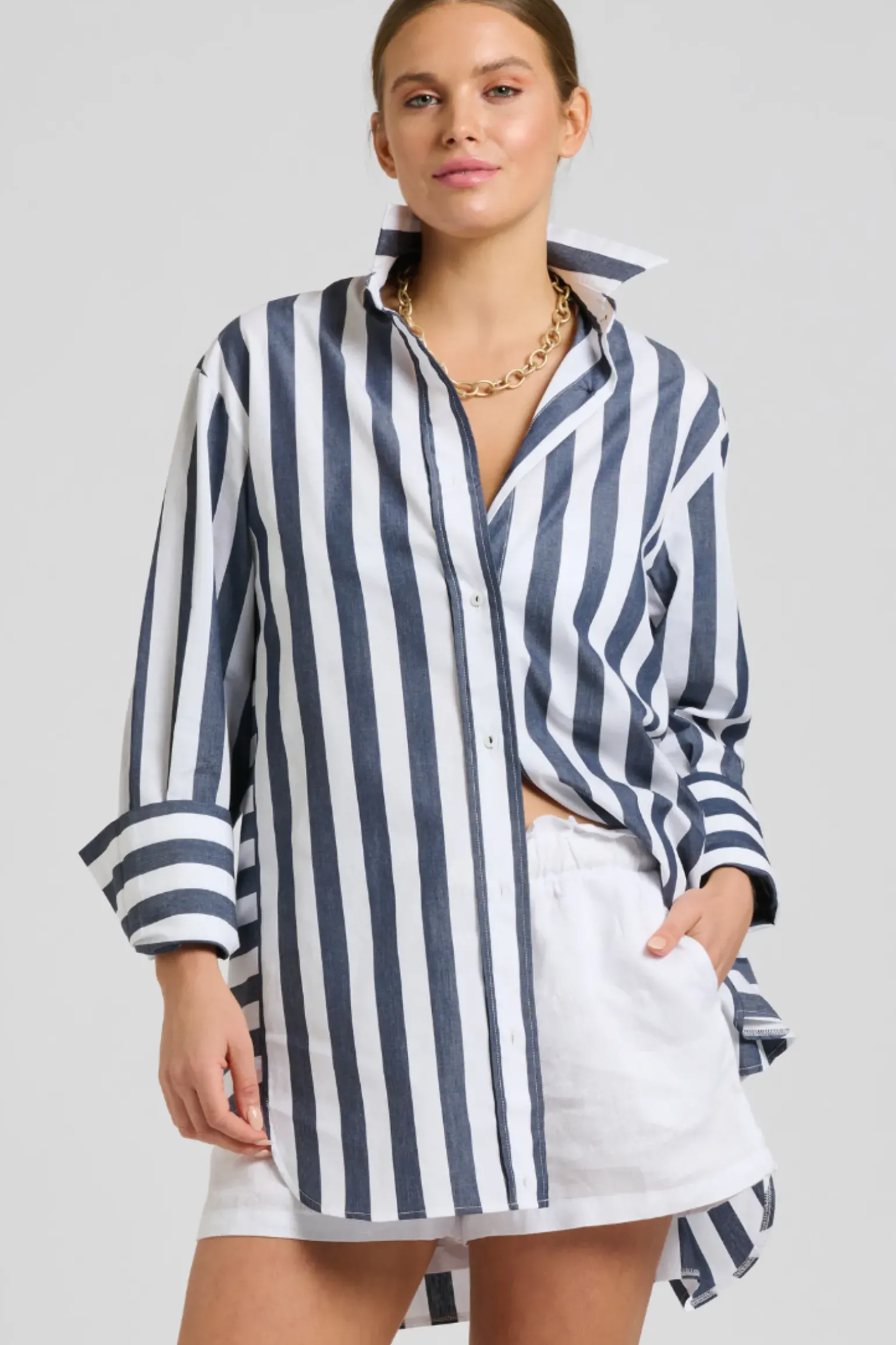 Shirty Andrea Oversized Boyfriend Shirt- Navy Stripe