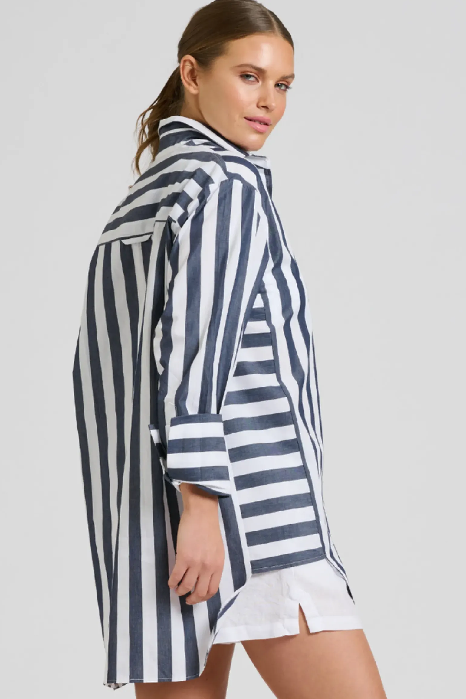 Shirty Andrea Oversized Boyfriend Shirt- Navy Stripe