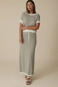 Talamaya Lattice Knitted Skirt - Dusty Olive & Cream