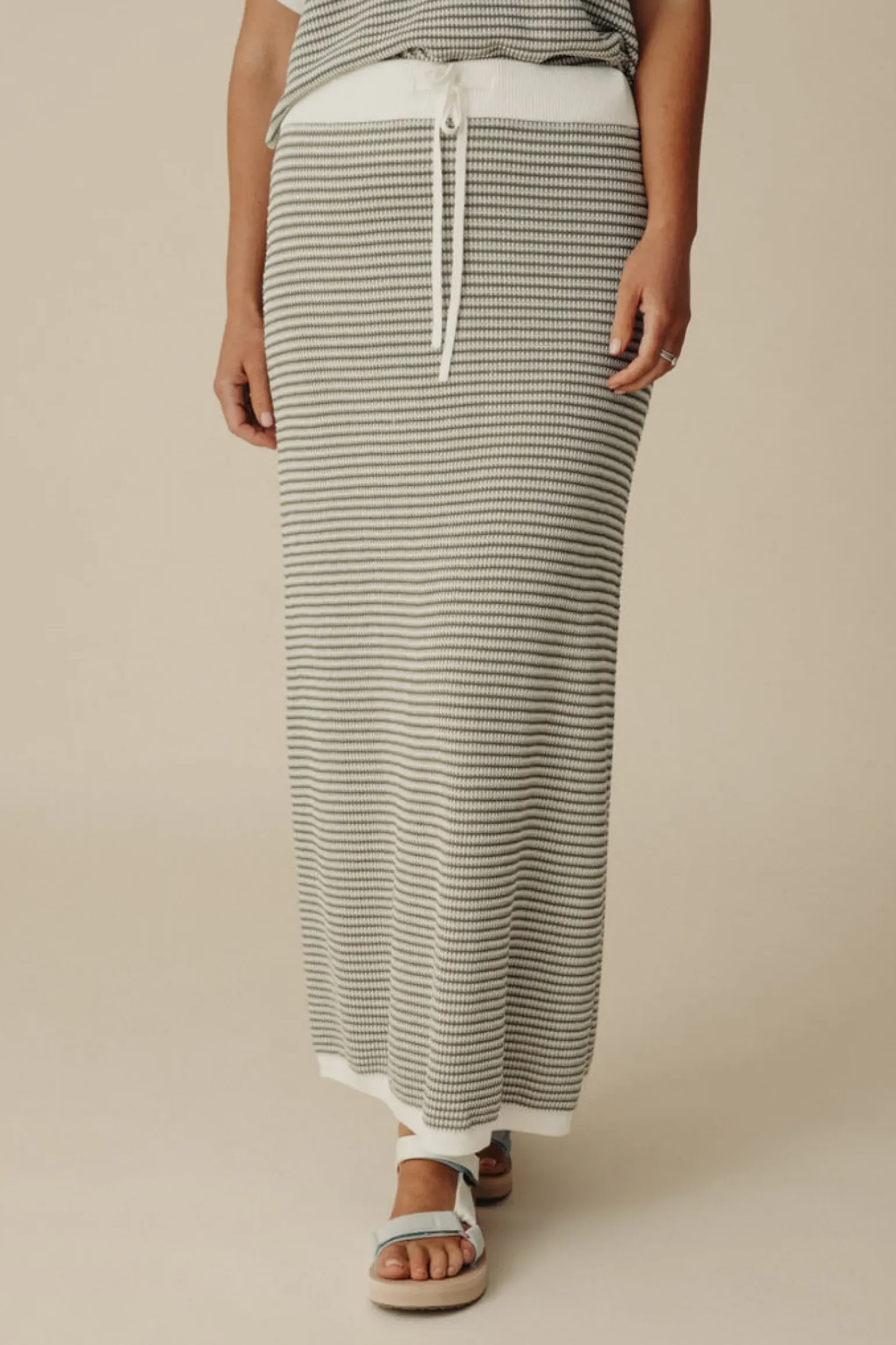 Talamaya Lattice Knitted Skirt - Dusty Olive & Cream