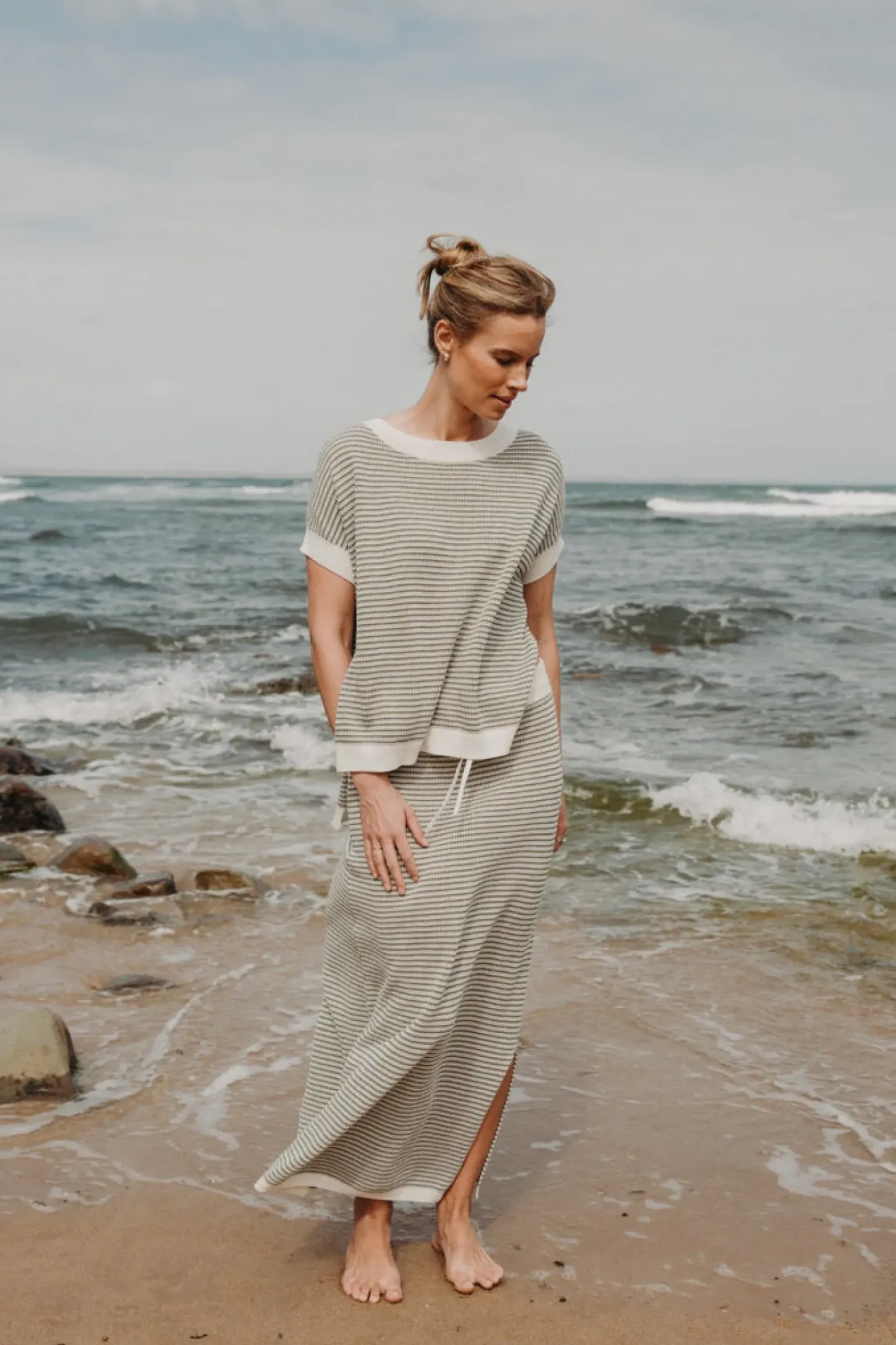 Talamaya Lattice Knitted Skirt - Dusty Olive & Cream