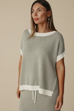 Talamaya Lattice Short Sleeve Pullover- Dusty Olive & Cream