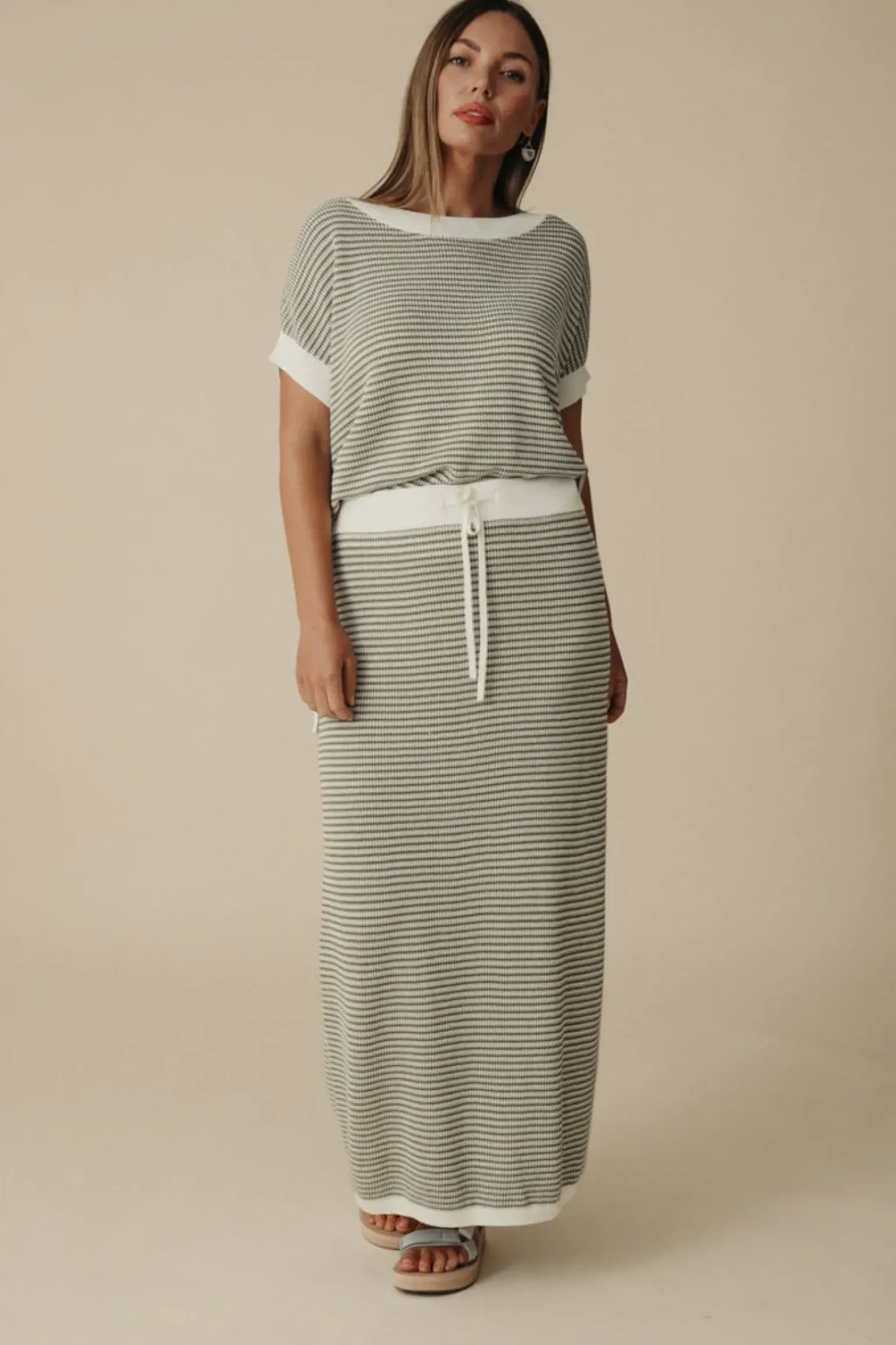 Talamaya Lattice Short Sleeve Pullover- Dusty Olive & Cream