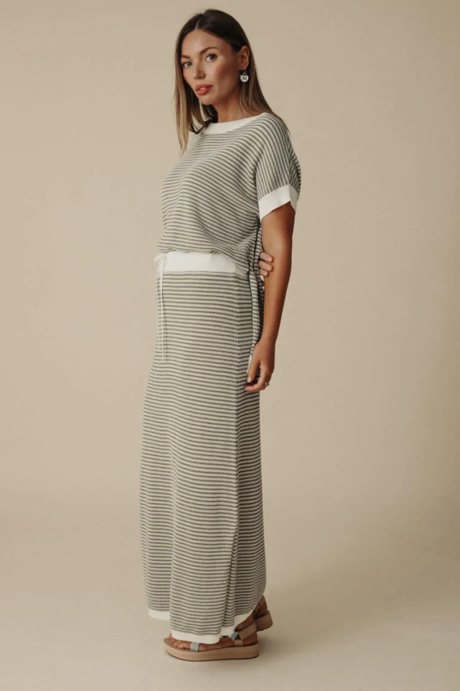 Talamaya Lattice Short Sleeve Pullover- Dusty Olive & Cream