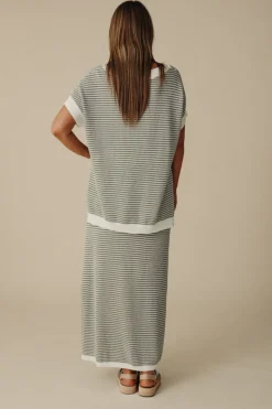 Talamaya Lattice Short Sleeve Pullover- Dusty Olive & Cream