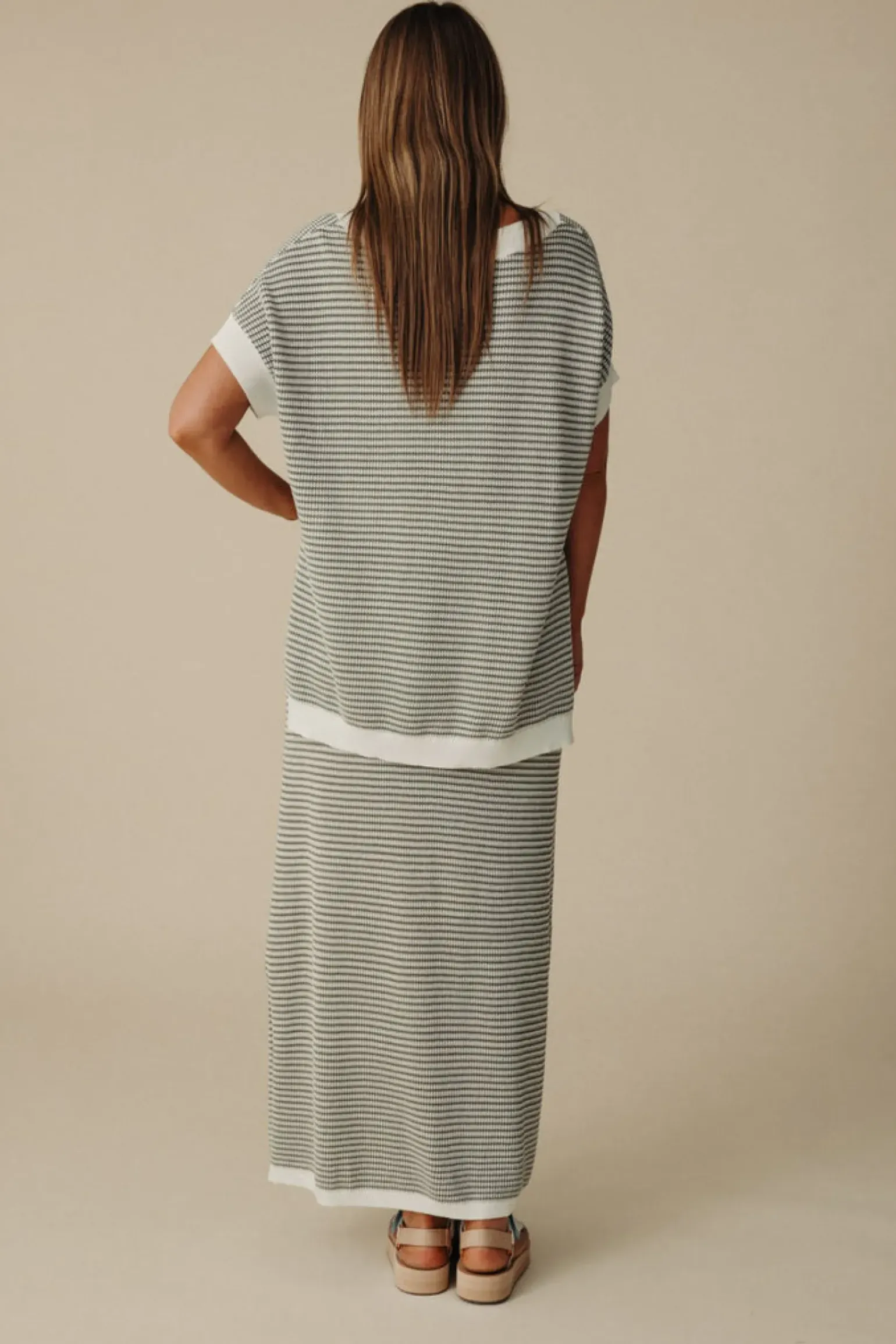 Talamaya Lattice Short Sleeve Pullover- Dusty Olive & Cream