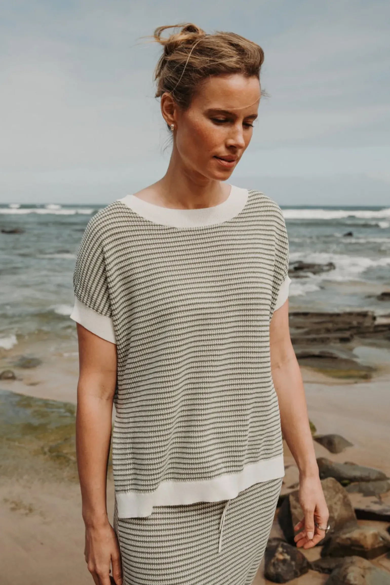 Talamaya Lattice Short Sleeve Pullover- Dusty Olive & Cream
