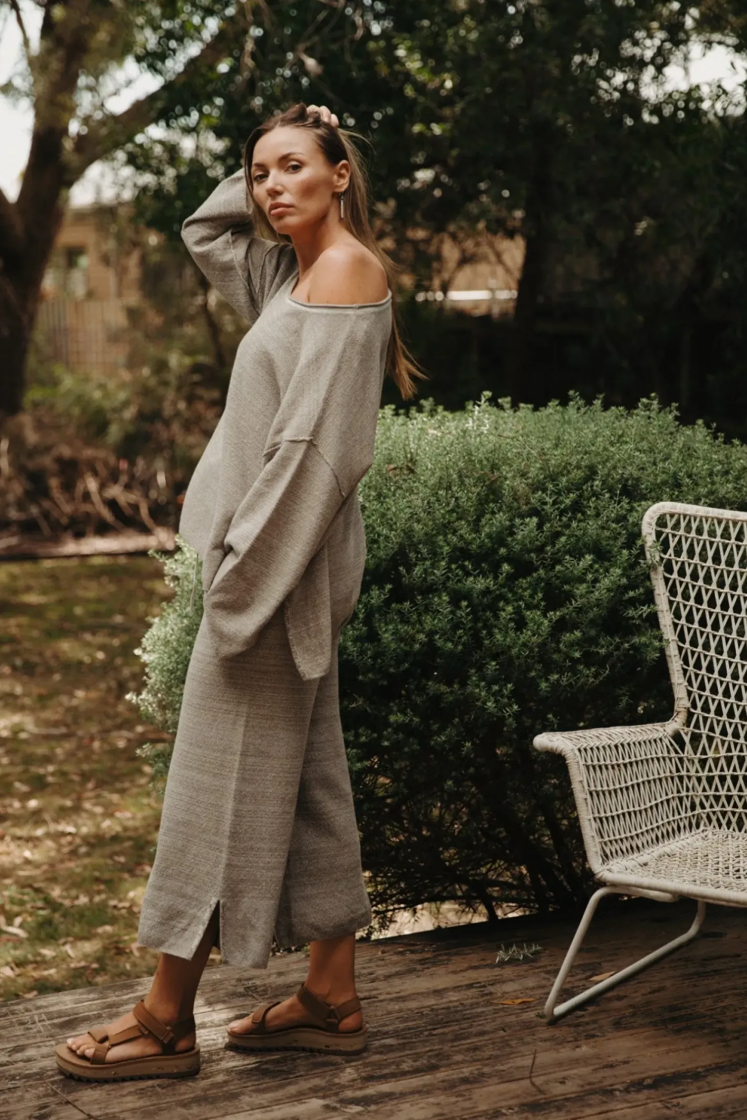Talamaya Retreat Cotton Twist Pant - Dusty Olive & White