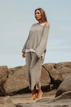 Talamaya Retreat Cotton Twist Pullover - Dusty Olive & White